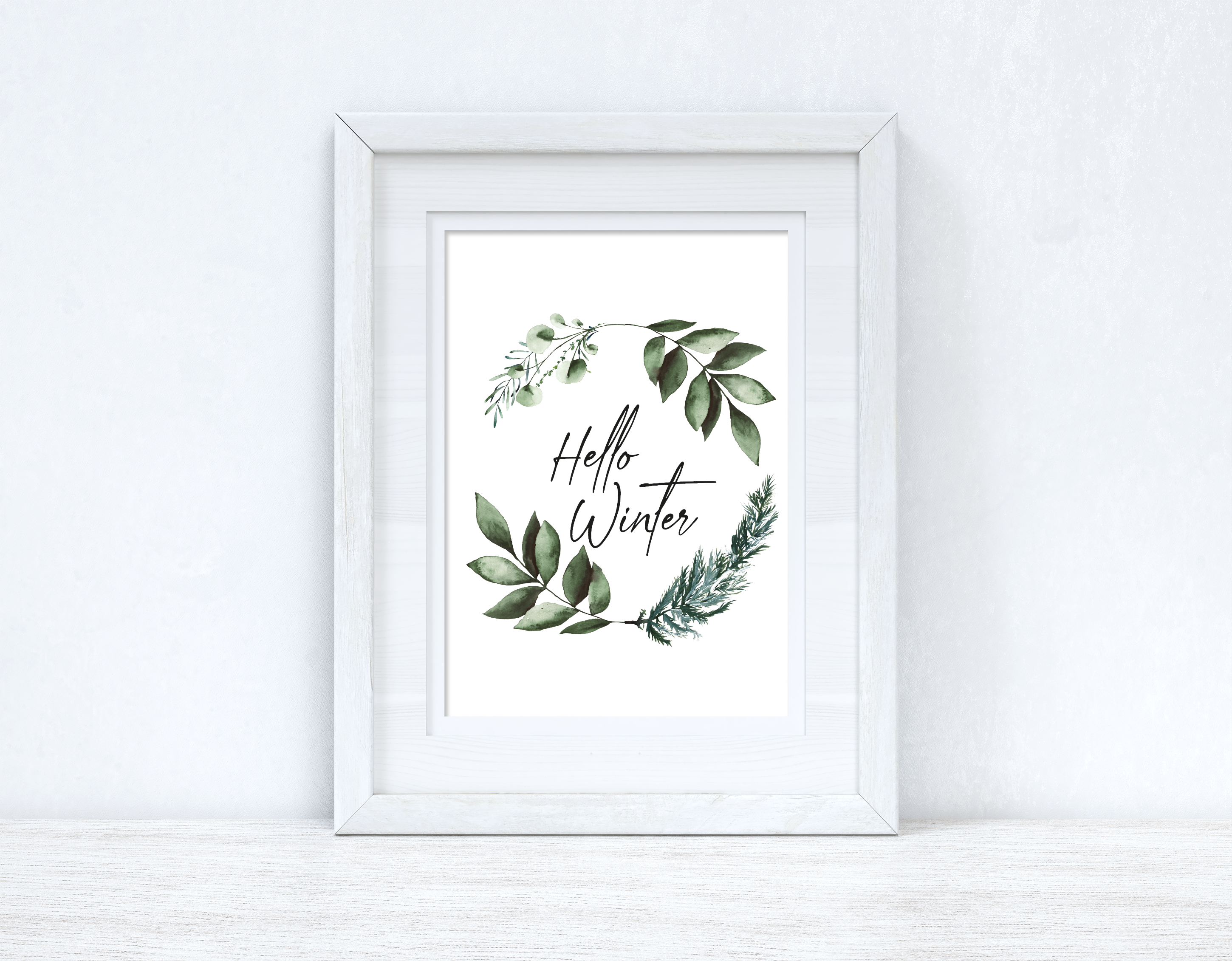 Hello Winter Greenery Pine Wreath Winter Christmas Seasonal Wall Home Decor Print