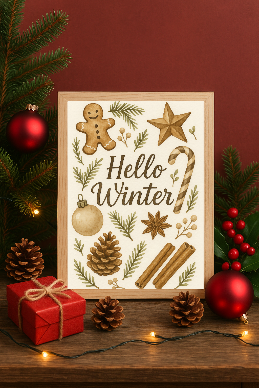 Hello Winter Wall Art – Rustic Holiday Print with Gingerbread, Pinecones & Candy Cane