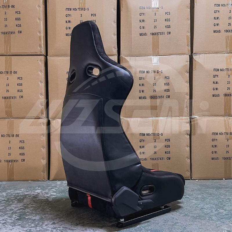 Pair of (x2) Universal Black Synthetic Leather Red Stripe Suede Alcantara & Carbon Sports Street Race Bucket Seats with base mounted slide runners