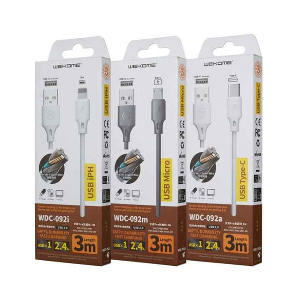 WK WDC-092 3m 2.4A Max Output Full Speed Pro Series USB to 8 Pin Data Sync Charging Cable, 3m 8 Pin