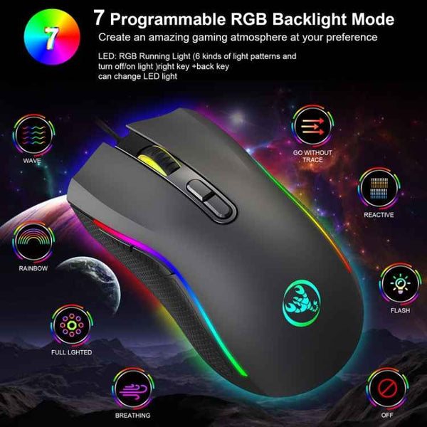 HXSJ A869 Type-C 7200dpi 6-modes Adjustable 7-keys RGB Light Wired Game Mouse