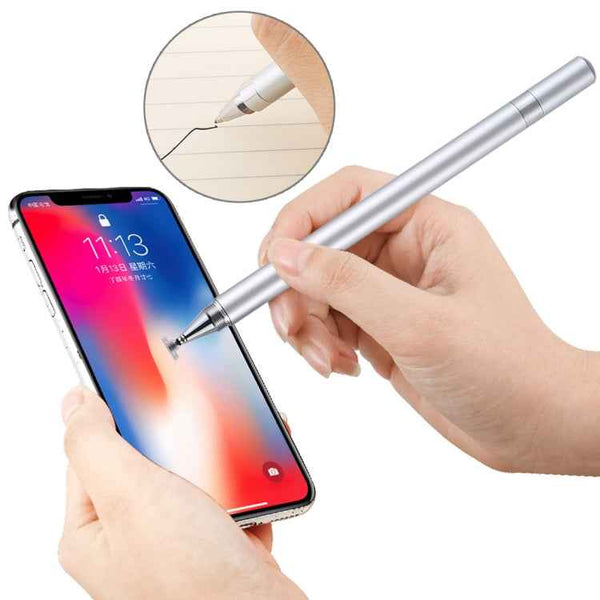 2 in 1 Stationery Writing Tools Metal Ballpoint Pen Capacitive Touch Screen Stylus Pen for Phones, Tablets (Silver)
