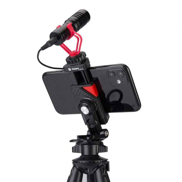 Fotopro SJ-89 Pro Carbon Fiber Texture Horizontal and Vertical Tripod Mount Adapter Phone Clamp Bracket with Cold Shoe (Black)