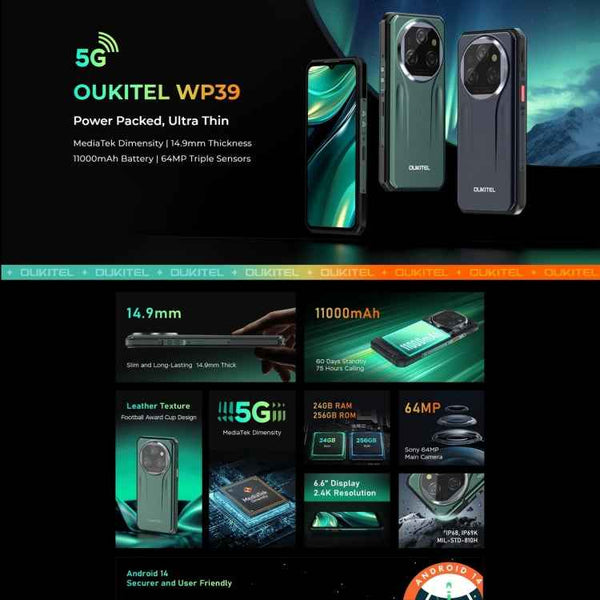 Oukitel WP39 5G Rugged Phone, 6GB+256GB, , Fingerprint Identification, 6.6 inch MediaTek Dimensity 6100+ Octa Core, NFC, OTG, Network: 5G (Green)