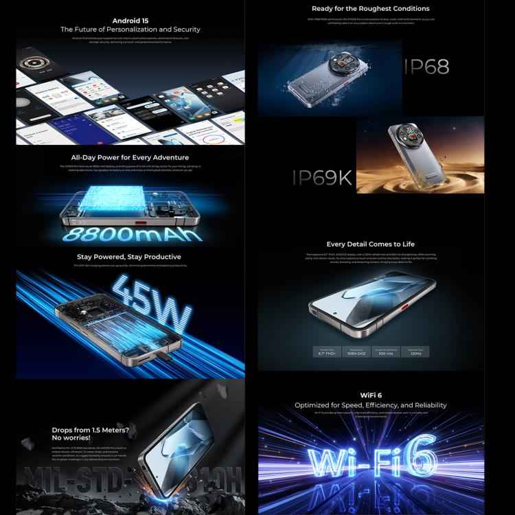 Oukitel WP200 Pro 5G Rugged Phone, 24GB+1TB, Screen Fingerprint, 6.7 inch Android 15.0 MTK Dimensity 8200 Octa-Core, NFC, OTG, Network: 5G