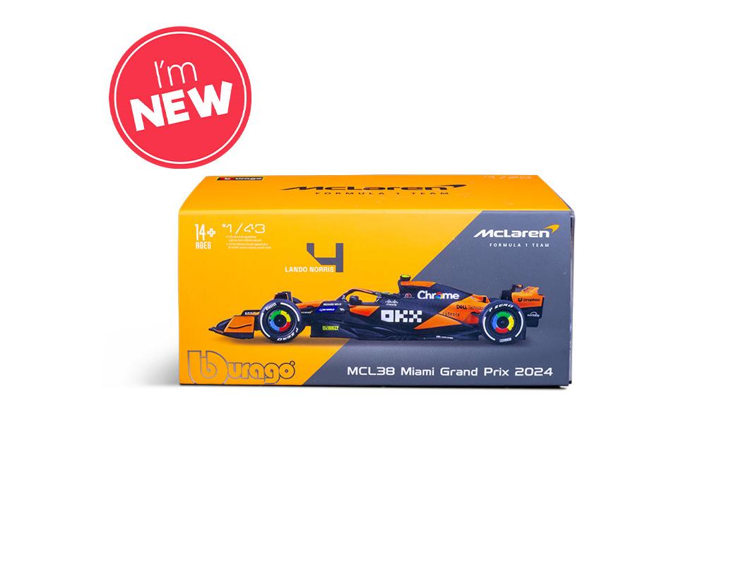 McLaren F1 Team MCL38 #4 F1 Miami GP 2024 Lando Norris 1:43 Scale Bburago Diecast Model (w/helmet)