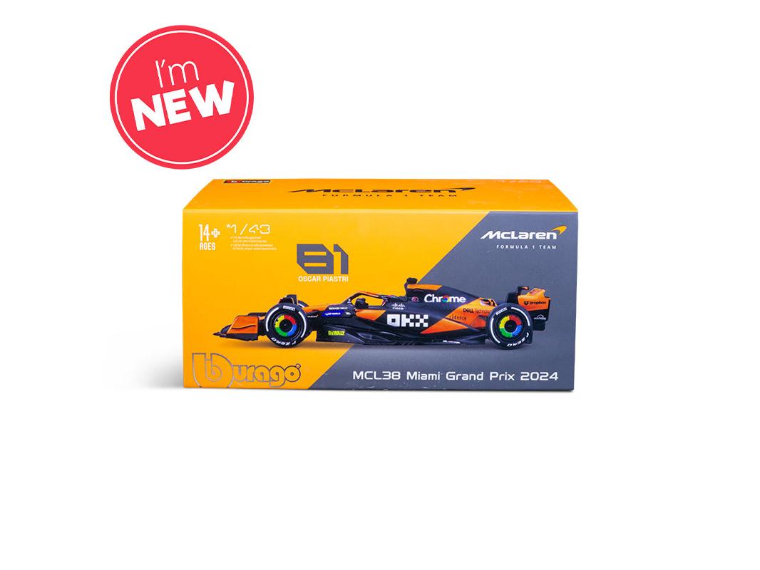 McLaren F1 Team MCL38 #81 F1 Miami GP 2024 Oscar Piastri 1:43 Scale Bburago Diecast Model (w/helmet)