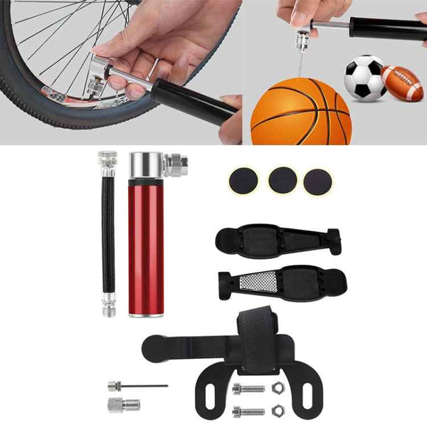 Manual Mini Portable Bicycle Aluminum Alloy Pump + Plastic glue-free tire patch + Tire lever (Red)