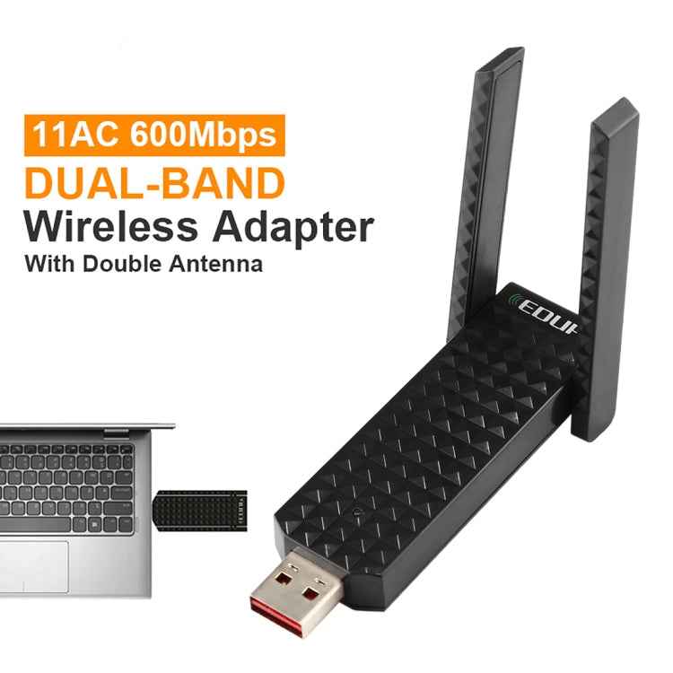 EDUP EP-AC1625 600Mbps 2.4G / 5.8GHz Dual Band Wireless 11AC USB 2.0 Adapter Network Card with 2 Antennas for Laptop / PC(Black)
