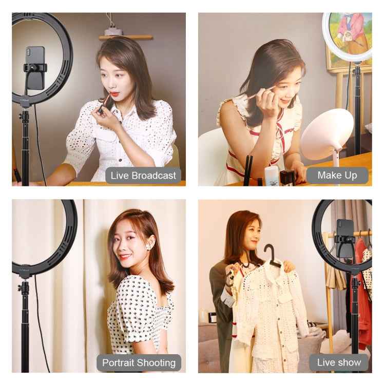 PULUZ 11.8 inch 30cm Light + 1.65m Tripod Mount Curved Surface USB 3 Modes Dimmable Dual Color Temperature LED Ring Vlogging Video Light Live Broadcast Kits with Phone Clamp(Black)