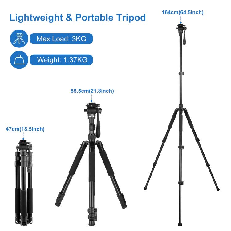 PULUZ 1.6m Reverse-Folding Professional Video Tripod with Fluid Drag Head