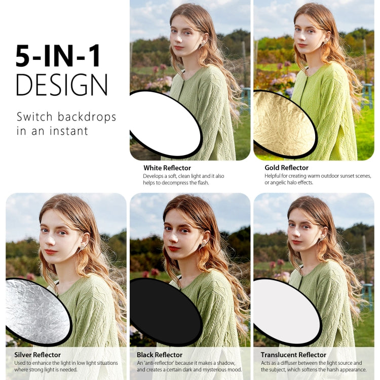PULUZ 110cm 5 in 1 (Silver / Translucent / Gold / White / Black) Folding Photo Studio Reflector Board