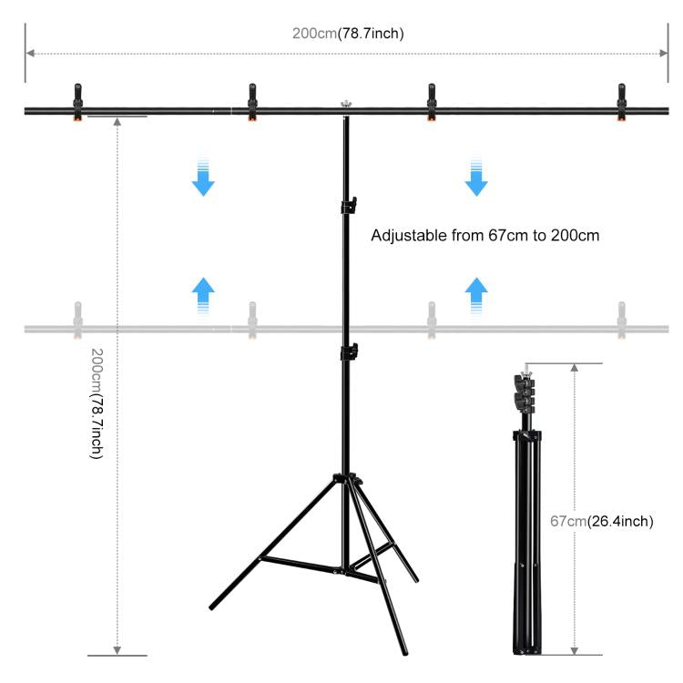 PULUZ 2x2m T-Shape Photo Studio Background Support Stand Backdrop Crossbar Bracket Kit with Clips