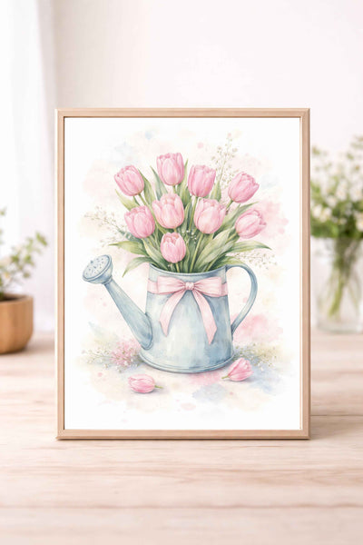 Pink Tulips in Watering Can Wall Art – Soft Watercolour Floral Spring Home Decor Print