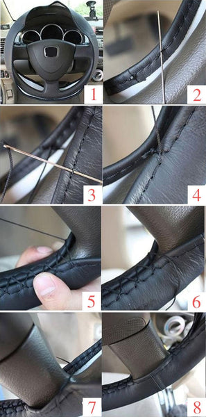 PU Leather Steering Wheel Cover With Needle and Thread, Size: 54x10.5cm