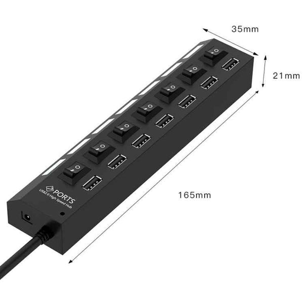 7 Ports USB Hub 2.0 USB Splitter High Speed 480Mbps with ON/OFF Switch / 7 LEDs(Black)