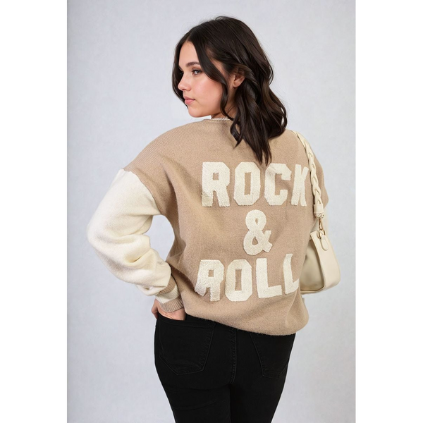 Round Neck Rock & Roll Print Knitted Jumper