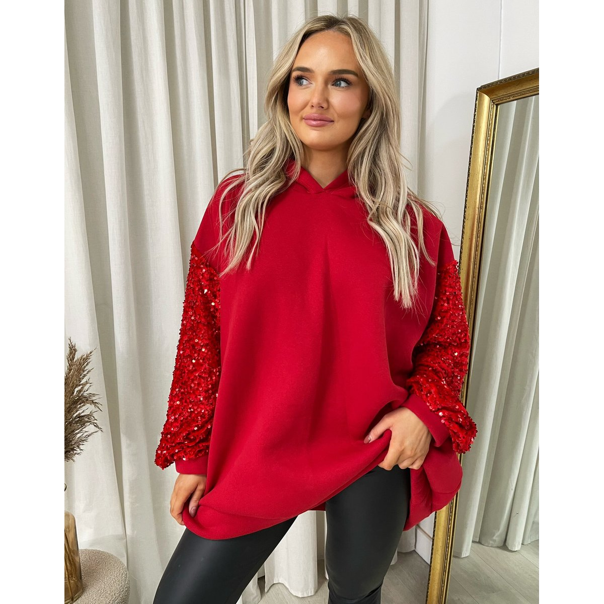 Oversized Sequin Sleeve Knitted Hoodie Jumper