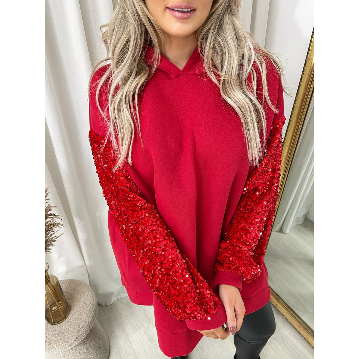 Oversized Sequin Sleeve Knitted Hoodie Jumper