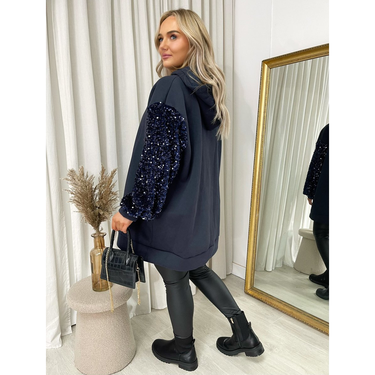 Oversized Sequin Sleeve Knitted Hoodie Jumper