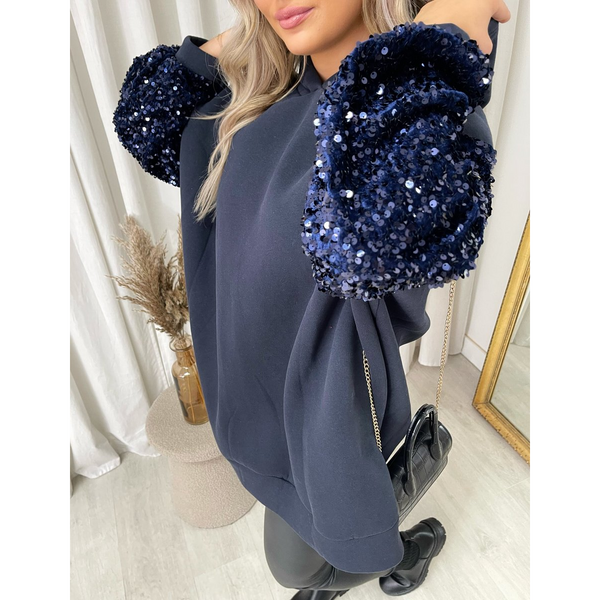 Oversized Sequin Sleeve Knitted Hoodie Jumper