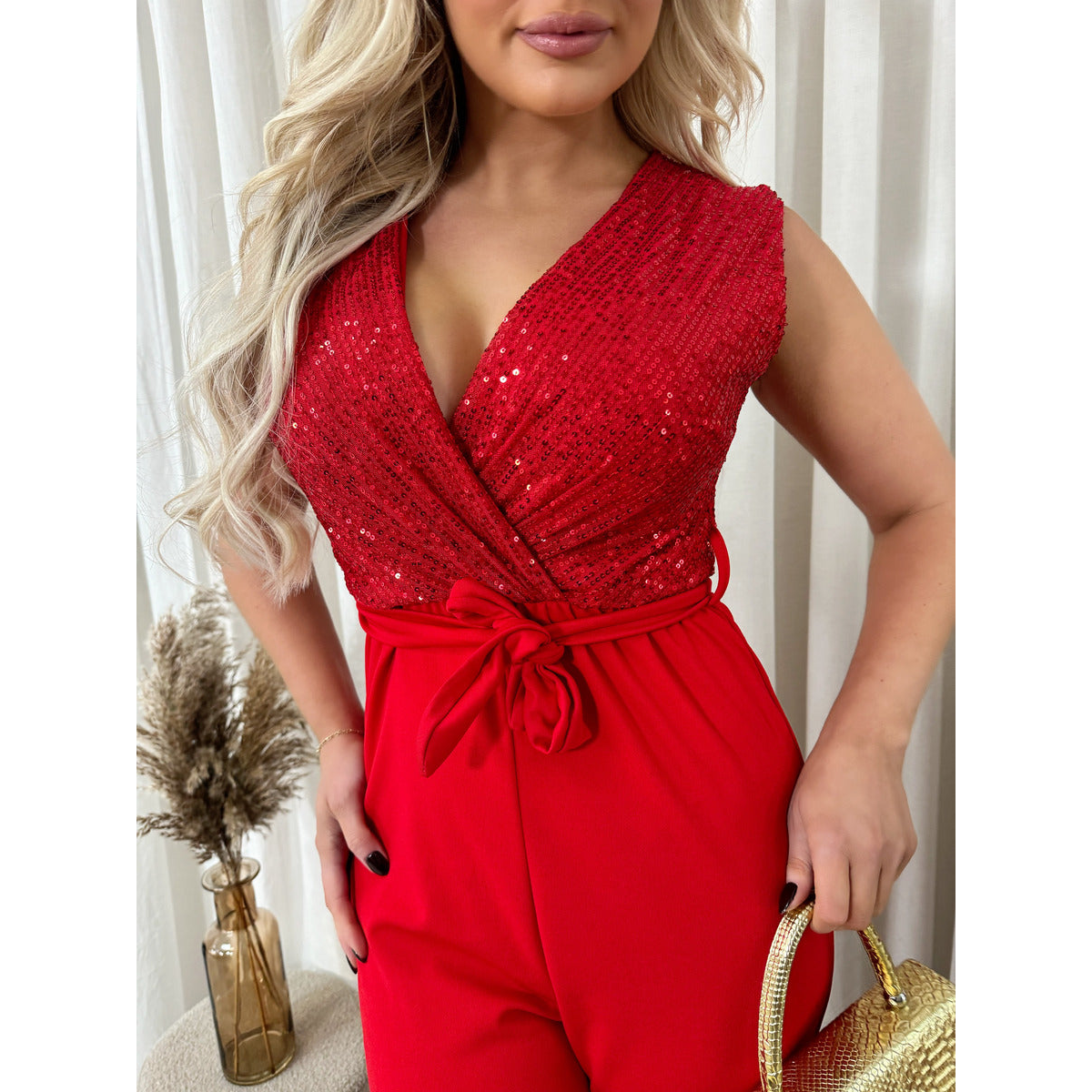 Elegant V-Neck Sequin Top Jumpsuit