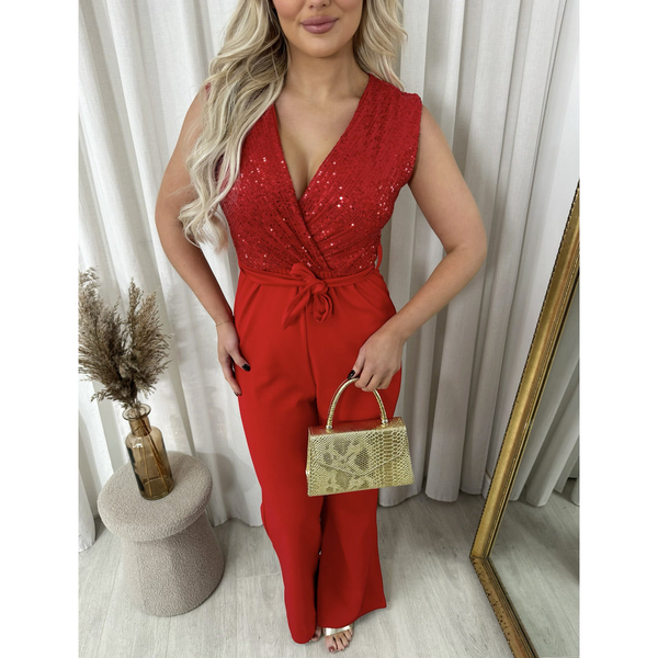Elegant V-Neck Sequin Top Jumpsuit