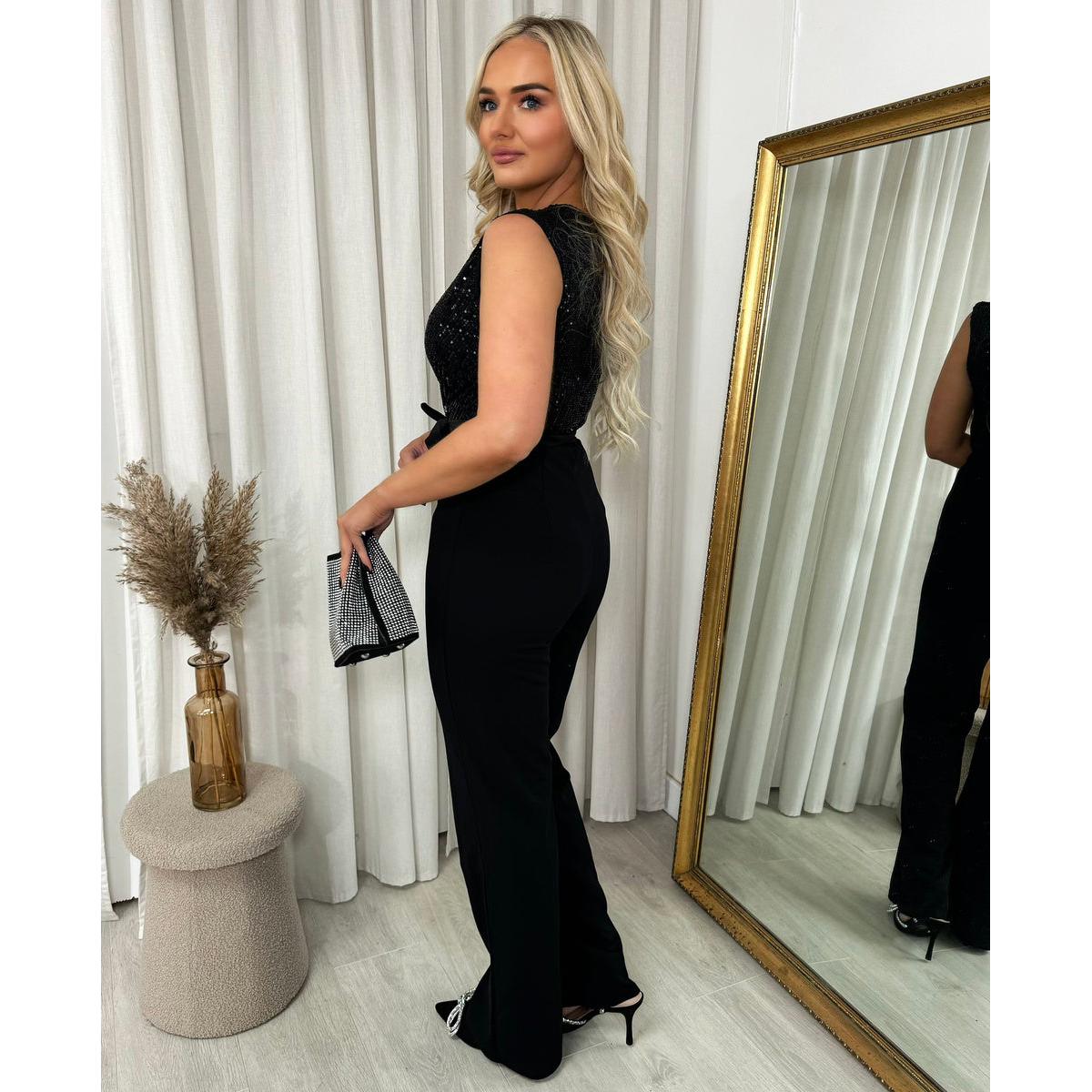 Elegant V-Neck Sequin Top Jumpsuit
