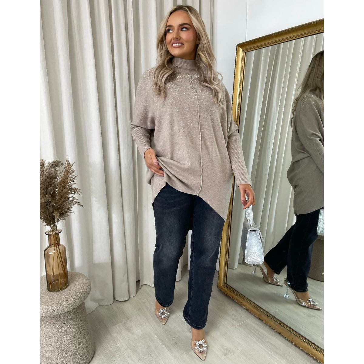 Rhinestone Detail Oversized Knitted Jumper