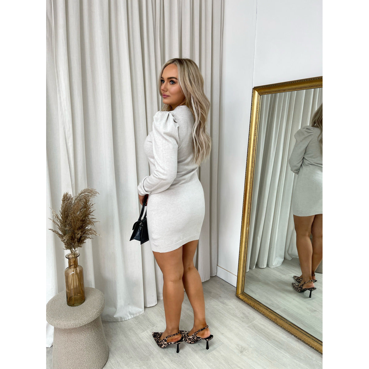 Puff Shoulder Knitted Jumper Dress