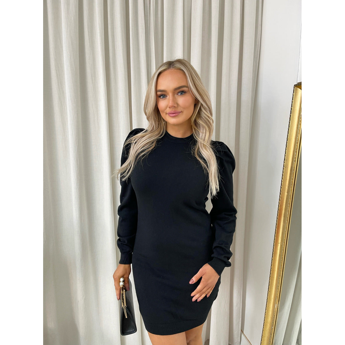 Puff Shoulder Knitted Jumper Dress