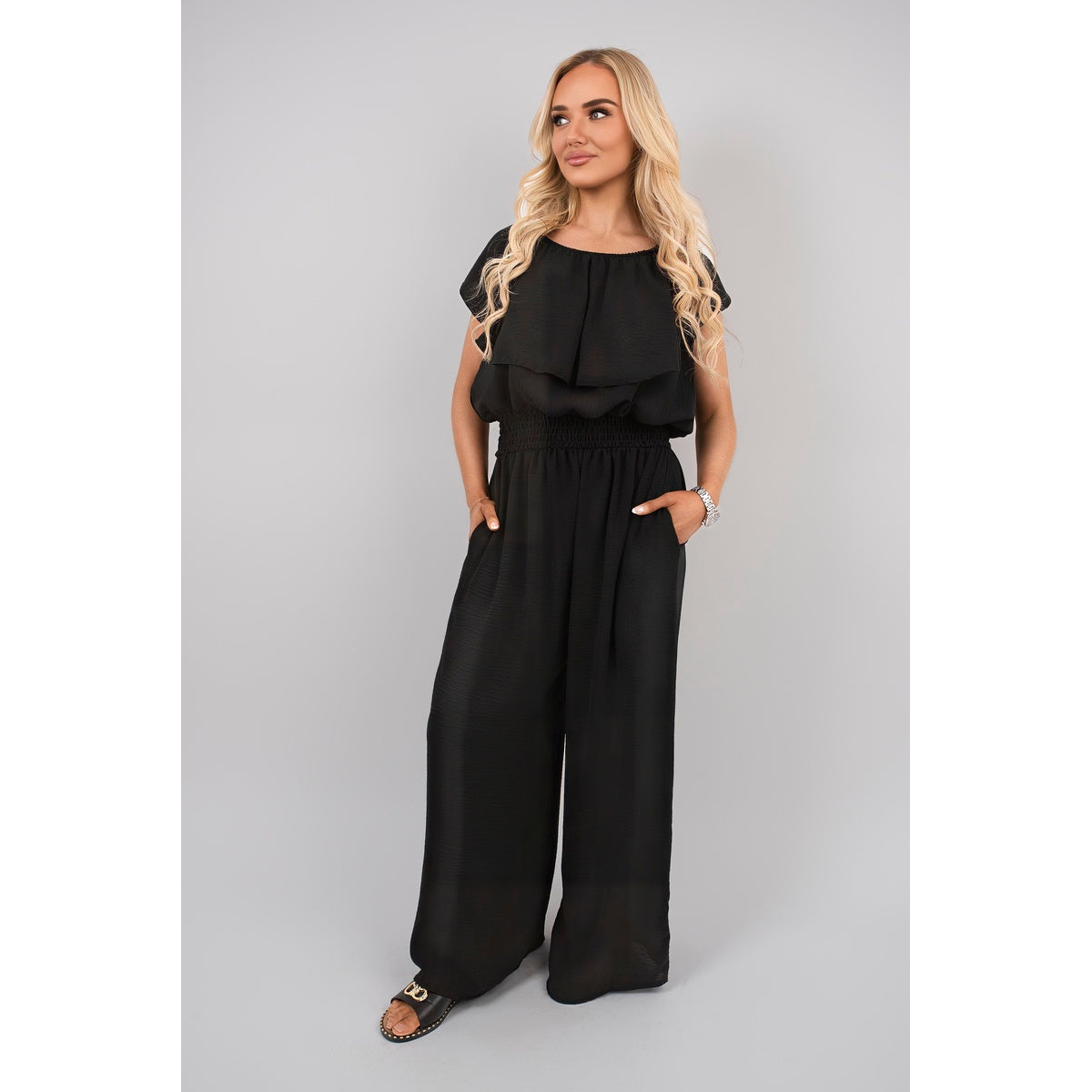 Off Shoulder Flared Wide Leg Jumpsuit with Ruffle Detail
