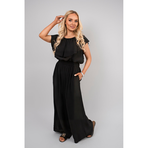 Off Shoulder Flared Wide Leg Jumpsuit with Ruffle Detail
