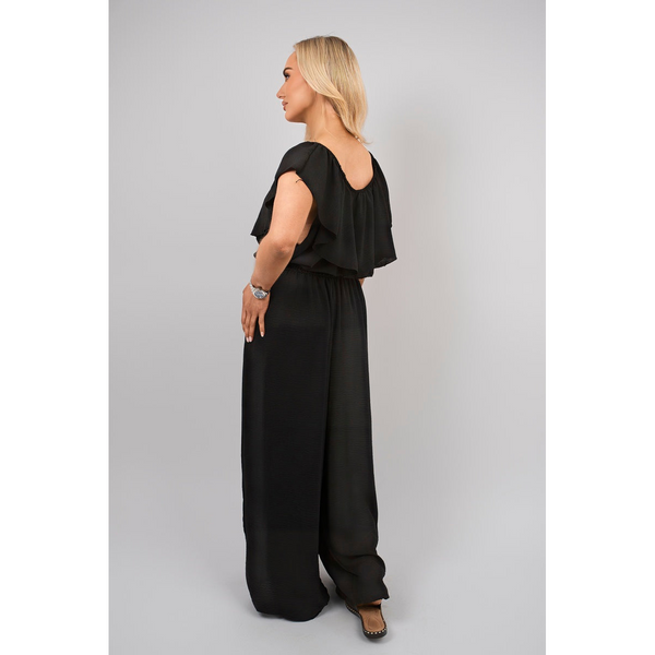 Off Shoulder Flared Wide Leg Jumpsuit with Ruffle Detail