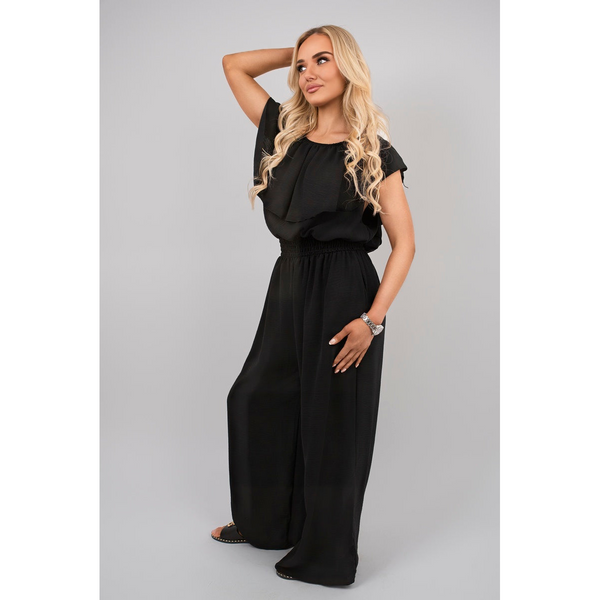 Off Shoulder Flared Wide Leg Jumpsuit with Ruffle Detail