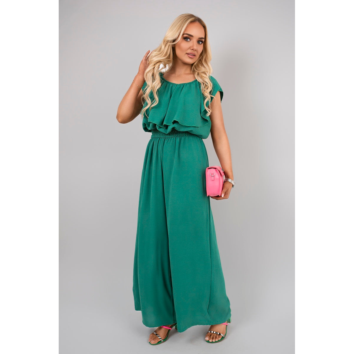 Off Shoulder Flared Wide Leg Jumpsuit with Ruffle Detail