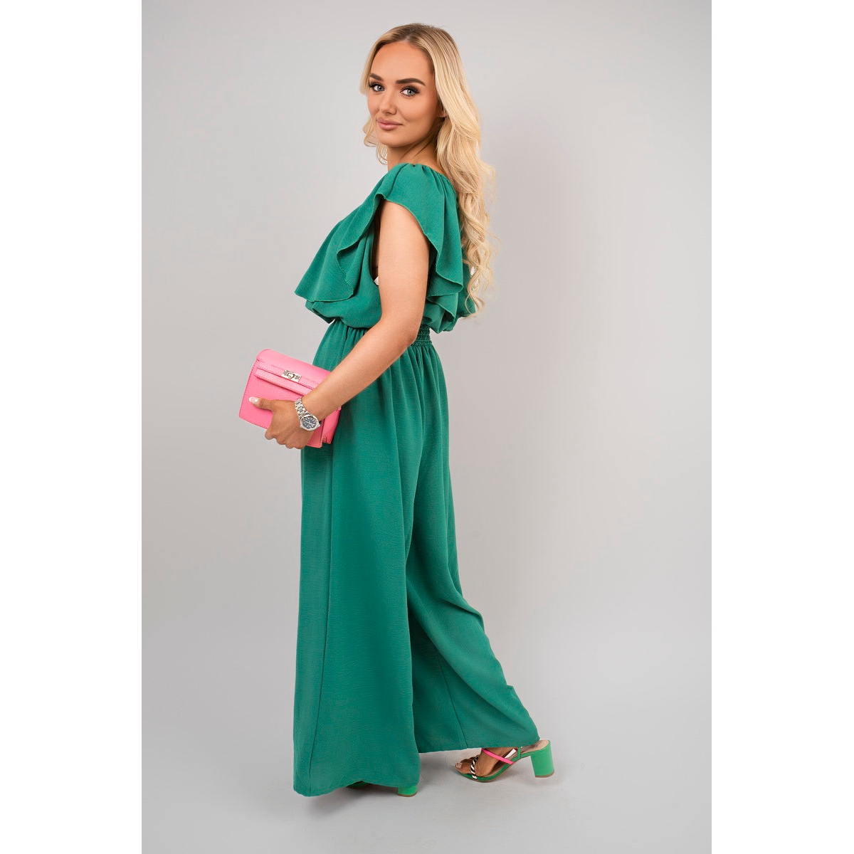Off Shoulder Flared Wide Leg Jumpsuit with Ruffle Detail