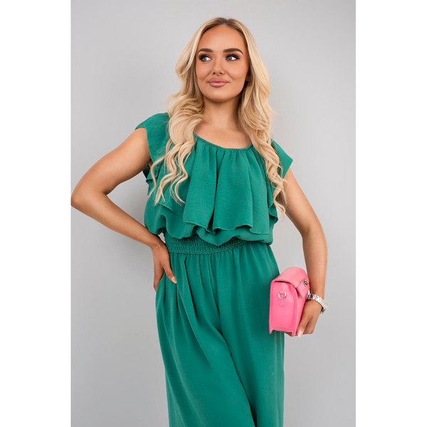 Off Shoulder Flared Wide Leg Jumpsuit with Ruffle Detail