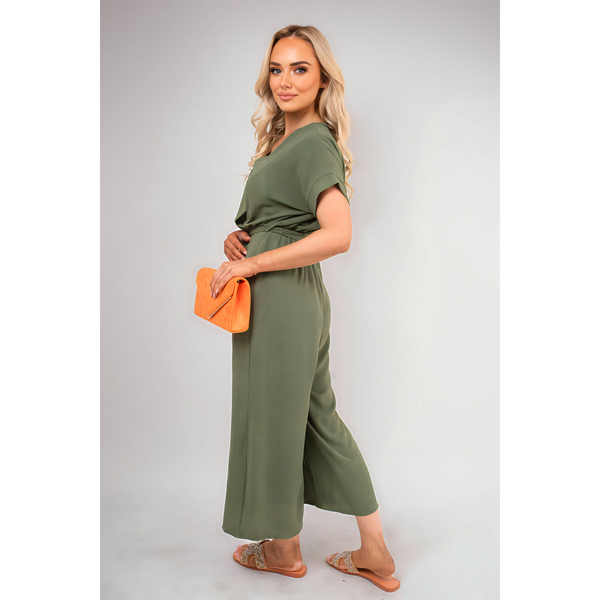 Wrap Short Sleeve Wide Leg Jumpsuit with Tie Waist