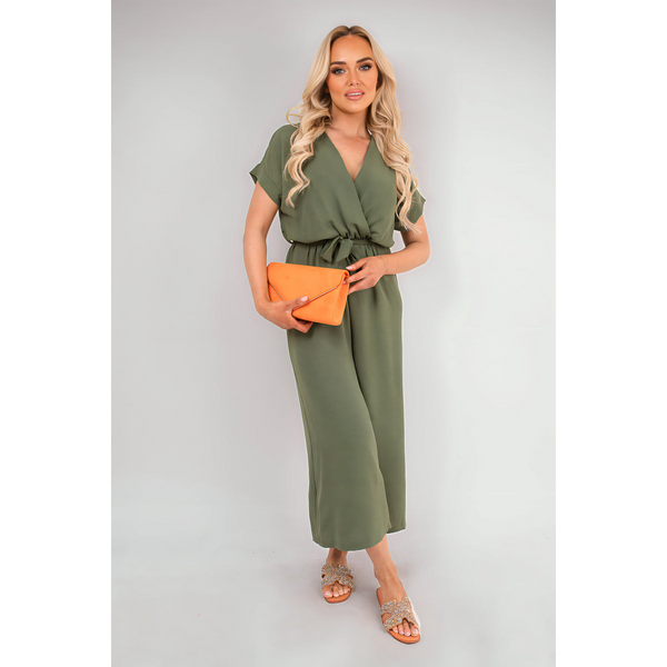 Wrap Short Sleeve Wide Leg Jumpsuit with Tie Waist
