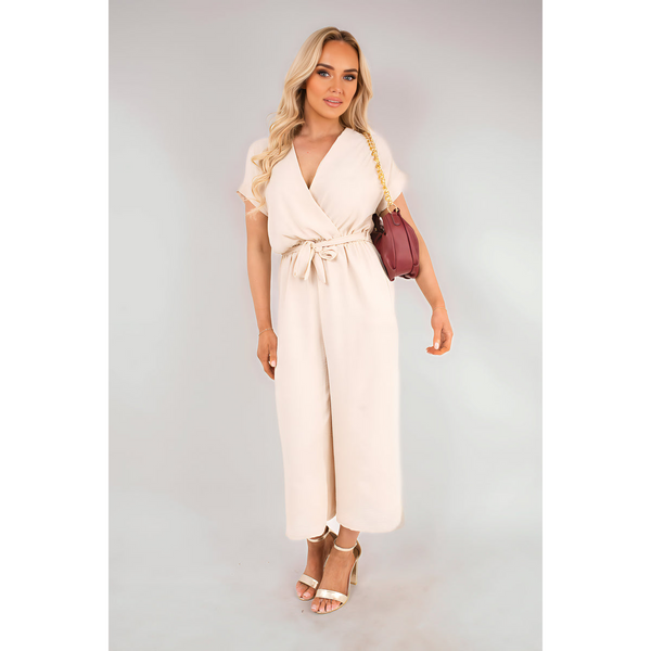 Wrap Short Sleeve Wide Leg Jumpsuit with Tie Waist