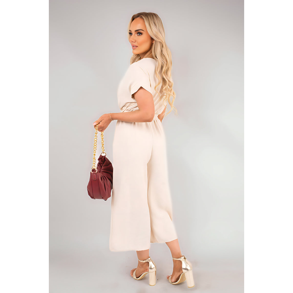 Wrap Short Sleeve Wide Leg Jumpsuit with Tie Waist