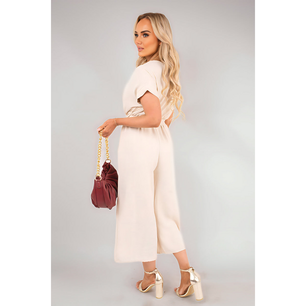 Wrap Short Sleeve Wide Leg Jumpsuit with Tie Waist