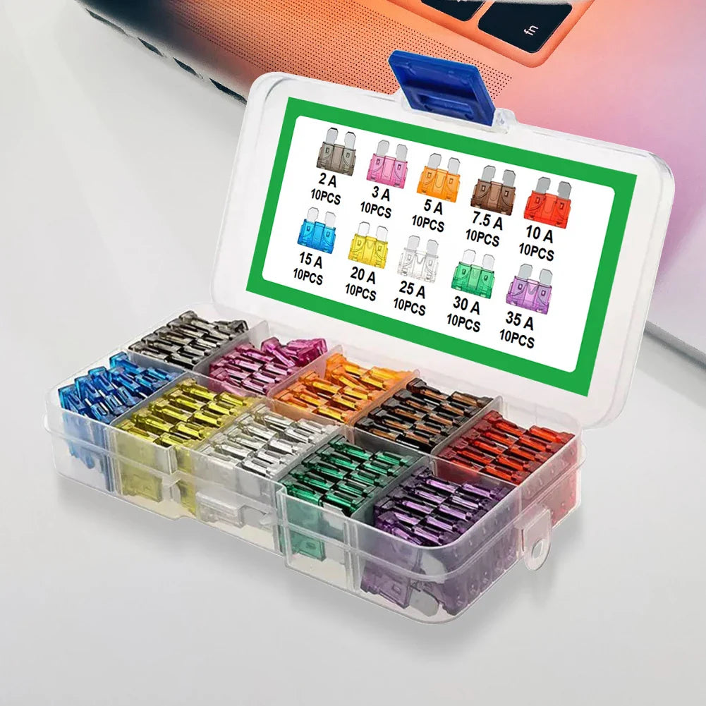 100Pcs Auto Fuse Kit – Blade Type Fuse Assortment with 10 Types (15A, 20A, 25A, 30A, 35A) & Storage Box