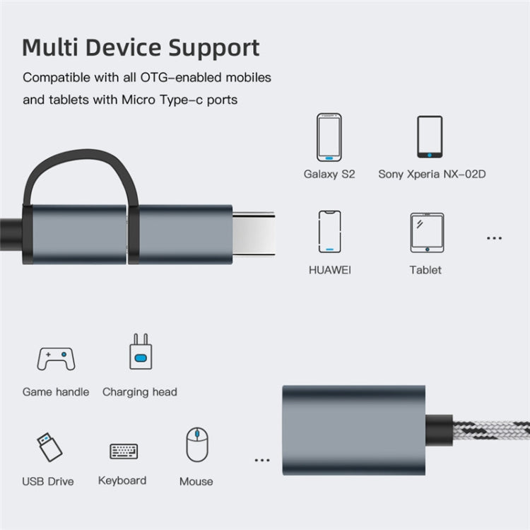 USB 3.0 Female to Micro USB + USB-C / Type-C Male Charging + Transmission OTG Nylon Braided Adapter Cable, Cable Length: 17cm