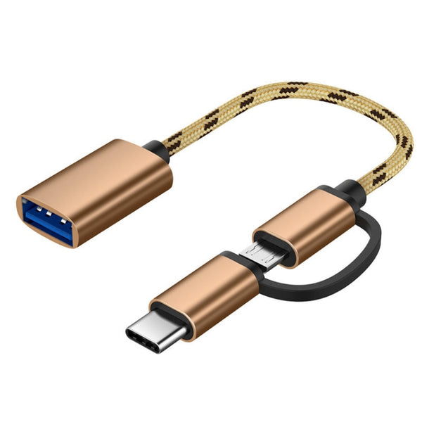 USB 3.0 Female to Micro USB + USB-C / Type-C Male Charging + Transmission OTG Nylon Braided Adapter Cable, Cable Length: 17cm