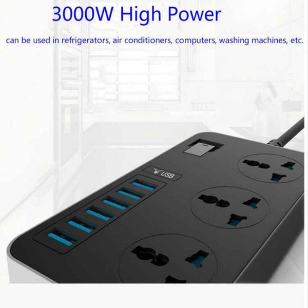 T09 3000W High Power Multi-Function Plug-in 3-Hole International Universal Jack + 6 USB Intelligent Charging US PLUG