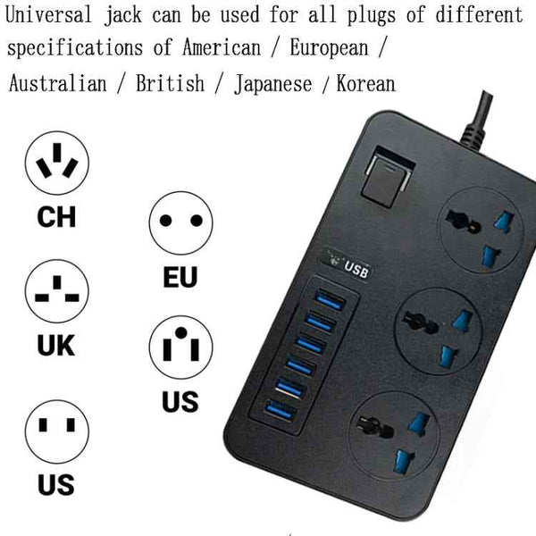 T09 3000W High Power Multi-Function Plug-in 3-Hole International Universal Jack + 6 USB Intelligent Charging US PLUG