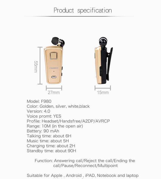 F980 CSR4.1 Retractable Cable Caller Vibration Reminder Anti-theft Bluetooth Headset, White