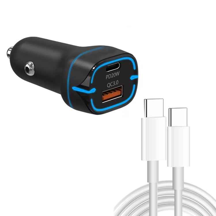 38W PD20W  QC3.0 USB Car Charger with Type-C to Type-C Data Cable, Length: 1m(Black)
